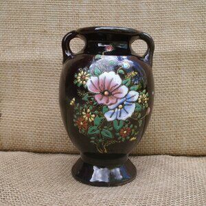 Vintage Japanese Floral Moriage Redware Vase